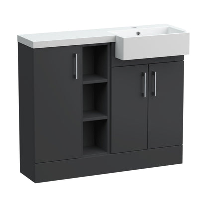 [BFFLR1406R] Wichnor Contemporary Floor Standing Compact 3 Door Combination Vanity Basin Unit with Open Shelves and Polymarble Basin, 1000mm, Right Hand, Dark Grey - Cutout