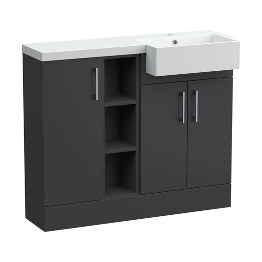 [BFFLR1406R] Wichnor Contemporary Floor Standing Compact 3 Door Combination Vanity Basin Unit with Open Shelves and Polymarble Basin, 1000mm, Right Hand, Dark Grey - Cutout