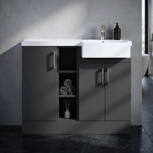 [BFFLR1406R] Wichnor Contemporary Floor Standing Compact 3 Door Combination Vanity Basin Unit with Open Shelves and Polymarble Basin, 1000mm, Right Hand, Dark Grey - Silo