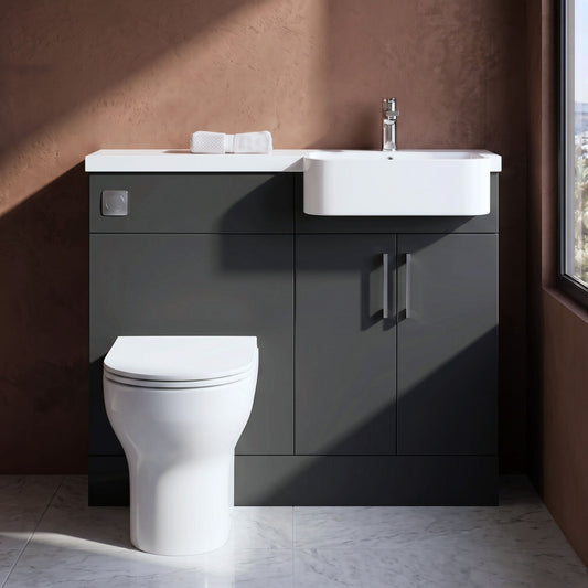 [BFFLR1407R] Wichnor Contemporary Floor Standing Compact 2 Door Vanity Basin WC Unit with Polymarble Basin, 1100mm, Right Hand, Dark Grey - Silo