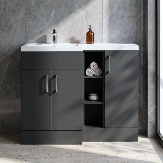 [BFFLR1408L] Wichnor Contemporary Floor Standing 3 Door Vanity Basin WC Unit with Polymarble Basin, 1000mm, Left Hand, Dark Grey - Silo