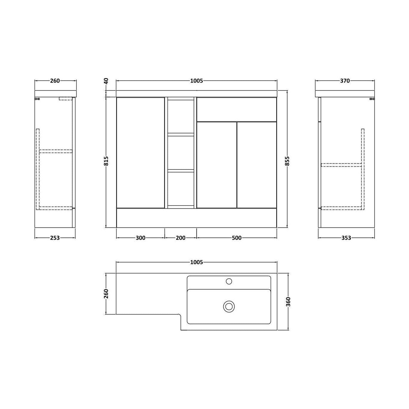 [BFFLR1408R] Wichnor Contemporary Floor Standing 3 Door Vanity Basin WC Unit with Polymarble Basin, 1000mm, Right Hand, Dark Grey - Technical Drawing
