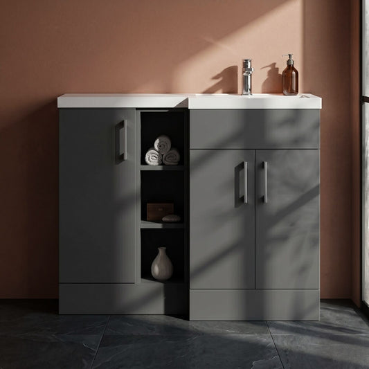 [BFFLR1408R] Wichnor Contemporary Floor Standing 3 Door Vanity Basin WC Unit with Polymarble Basin, 1000mm, Right Hand, Dark Grey - Silo