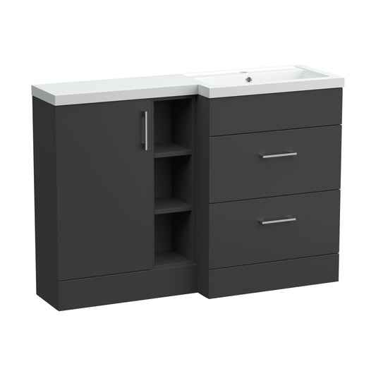 [BFFLR1410R] Wichnor Contemporary Floor Standing 1 Door, 2 Drawer Vanity Basin Unit with Open Shelf and Polymarble Basin, 1200mm, Left Hand, Dark Grey - Cutout