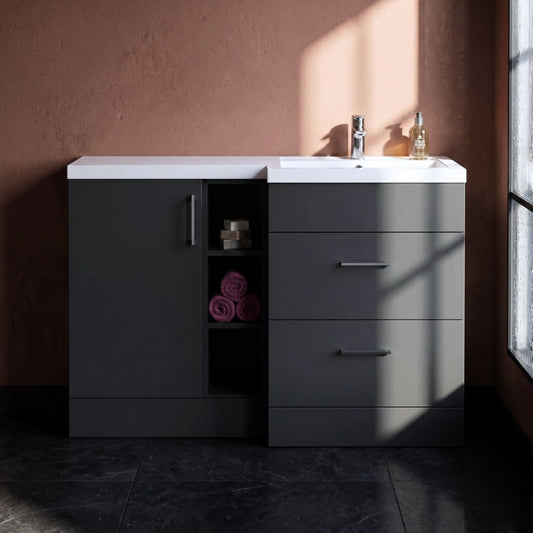 [BFFLR1410R] Wichnor Contemporary Floor Standing 1 Door, 2 Drawer Vanity Basin Unit with Open Shelf and Polymarble Basin, 1200mm, Left Hand, Dark Grey - Silo