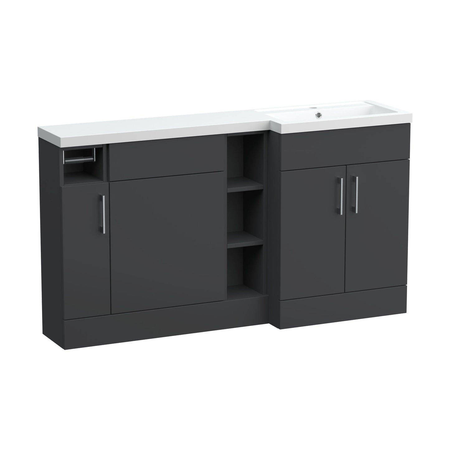 [BFFLR1411R] Wichnor Floor Standing 3 Door, Open Shelf Vanity Basin WC Unit with Toilet Roll Holder and Polymarble Basin, 1500mm, Left Hand, Dark Grey - Cutout