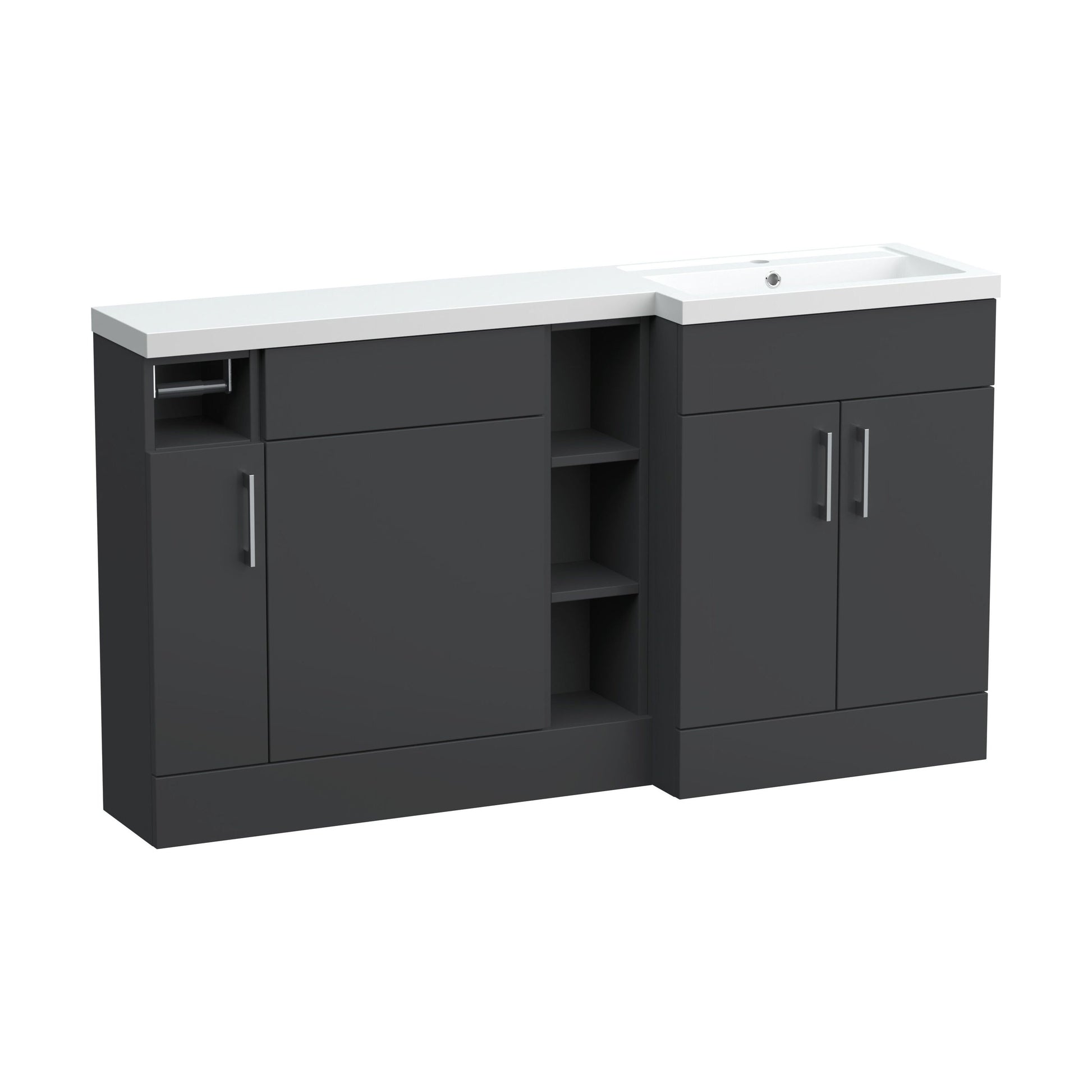 [BFFLR1411R] Wichnor Floor Standing 3 Door, Open Shelf Vanity Basin WC Unit with Toilet Roll Holder and Polymarble Basin, 1500mm, Left Hand, Dark Grey - Cutout