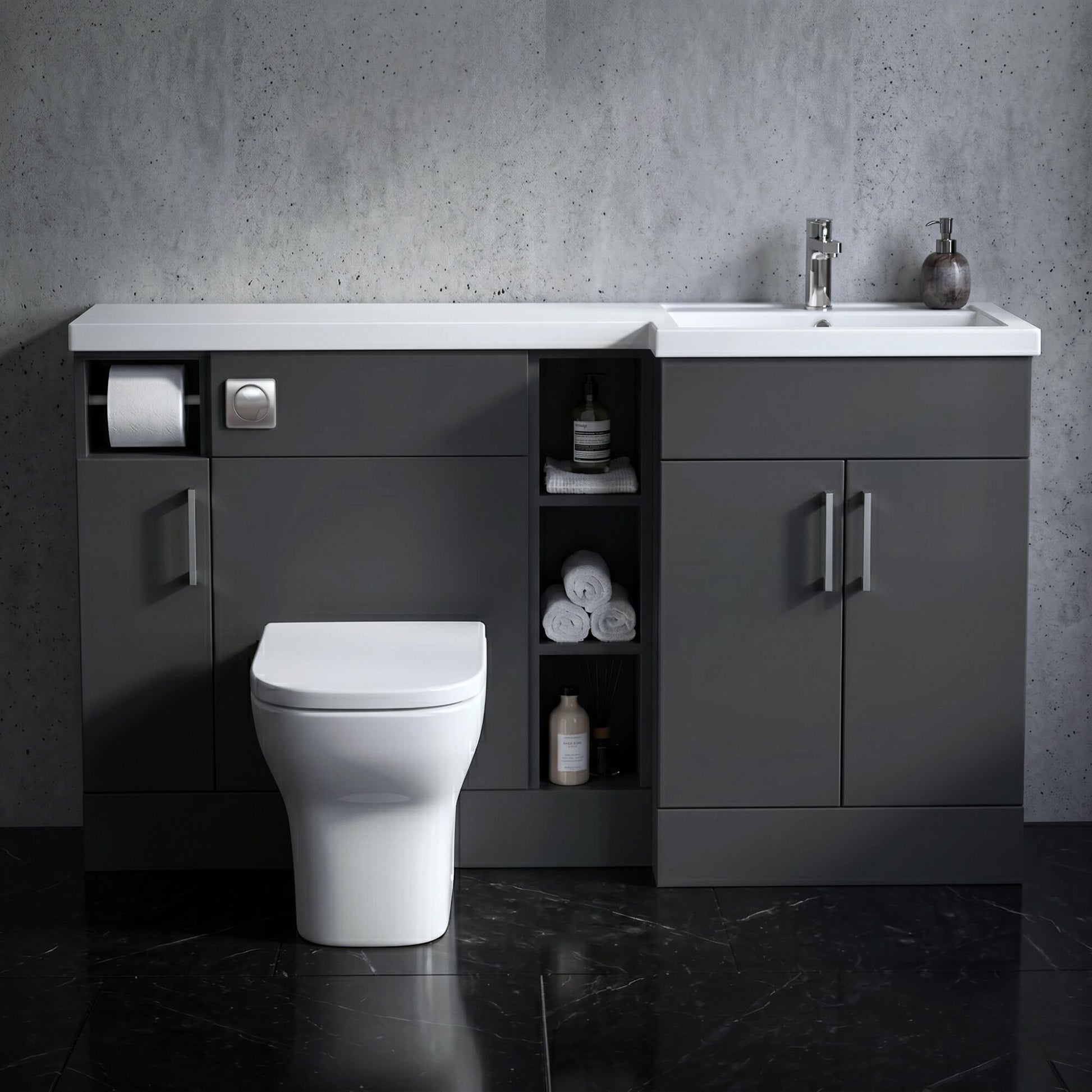 [BFFLR1411R] Wichnor Floor Standing 3 Door, Open Shelf Vanity Basin WC Unit with Toilet Roll Holder and Polymarble Basin, 1500mm, Left Hand, Dark Grey - Silo