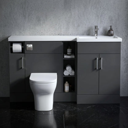 [BFFLR1411R] Wichnor Floor Standing 3 Door, Open Shelf Vanity Basin WC Unit with Toilet Roll Holder and Polymarble Basin, 1500mm, Left Hand, Dark Grey - Silo