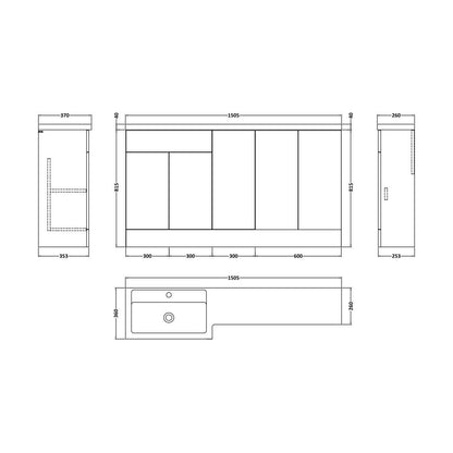 [BFFLR1412L] Wichnor Floor Standing 3 Door, Open Shelf Vanity Basin WC Unit with Toilet Roll Holder and Polymarble Basin, 1500mm, Right Hand, Dark Grey - Technical Drawing