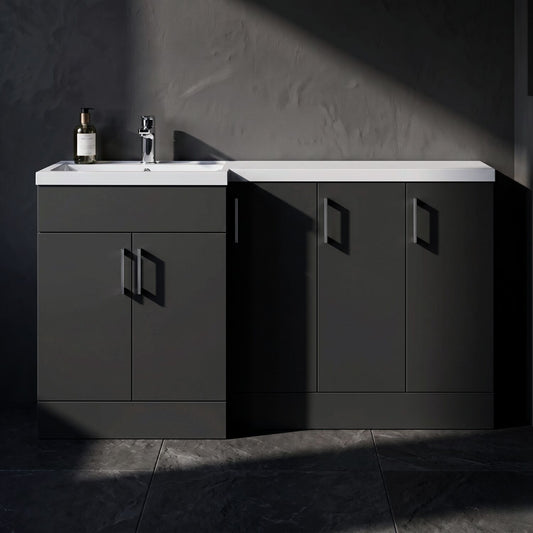 [BFFLR1412L] Wichnor Floor Standing 3 Door, Open Shelf Vanity Basin WC Unit with Toilet Roll Holder and Polymarble Basin, 1500mm, Right Hand, Dark Grey - Silo