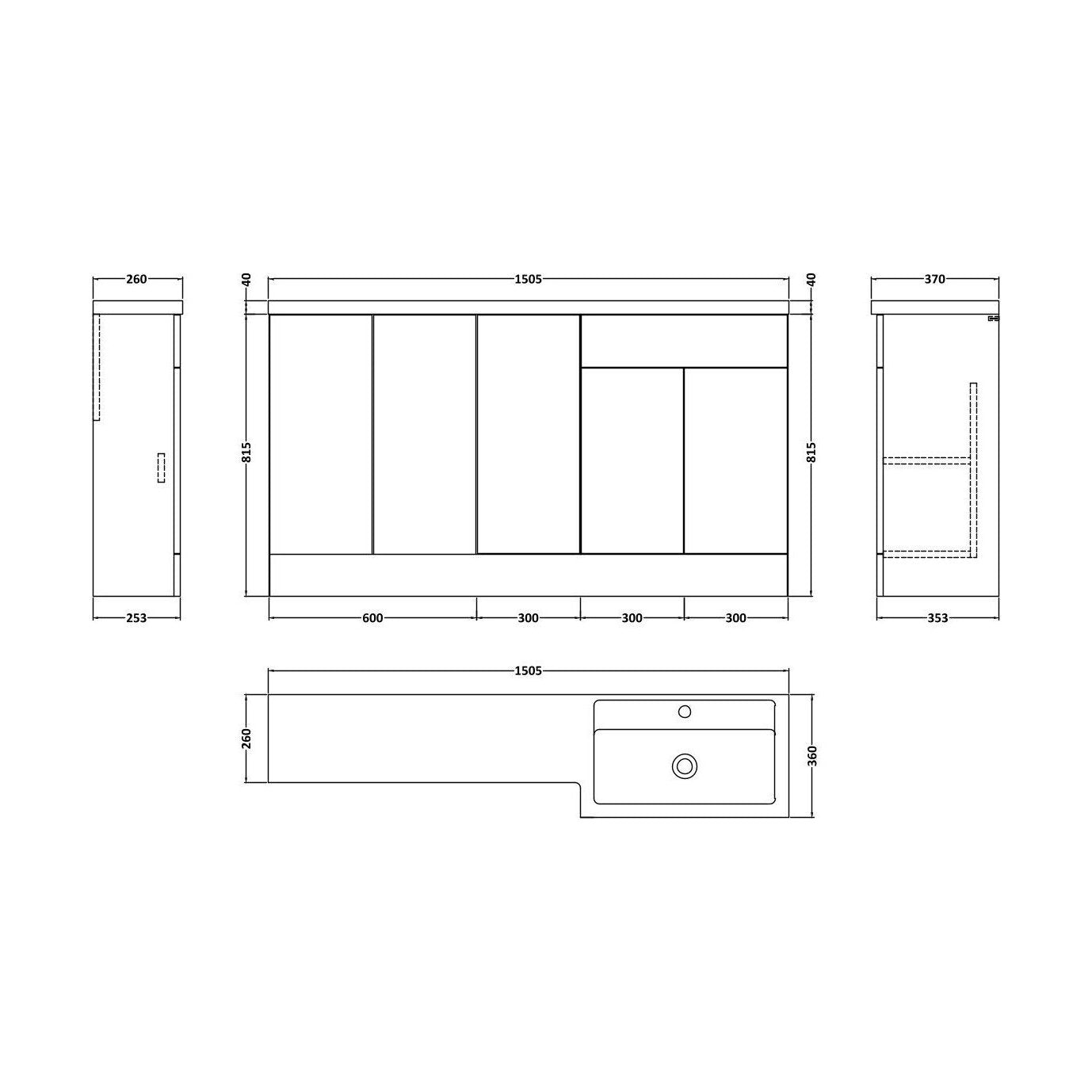 [BFFLR1412R] Wichnor Contemporary Floor Standing 5 Door Vanity Basin Combination Unit with Polymarble Basin, 1500mm, Right Hand, Dark Grey - Technical Drawing