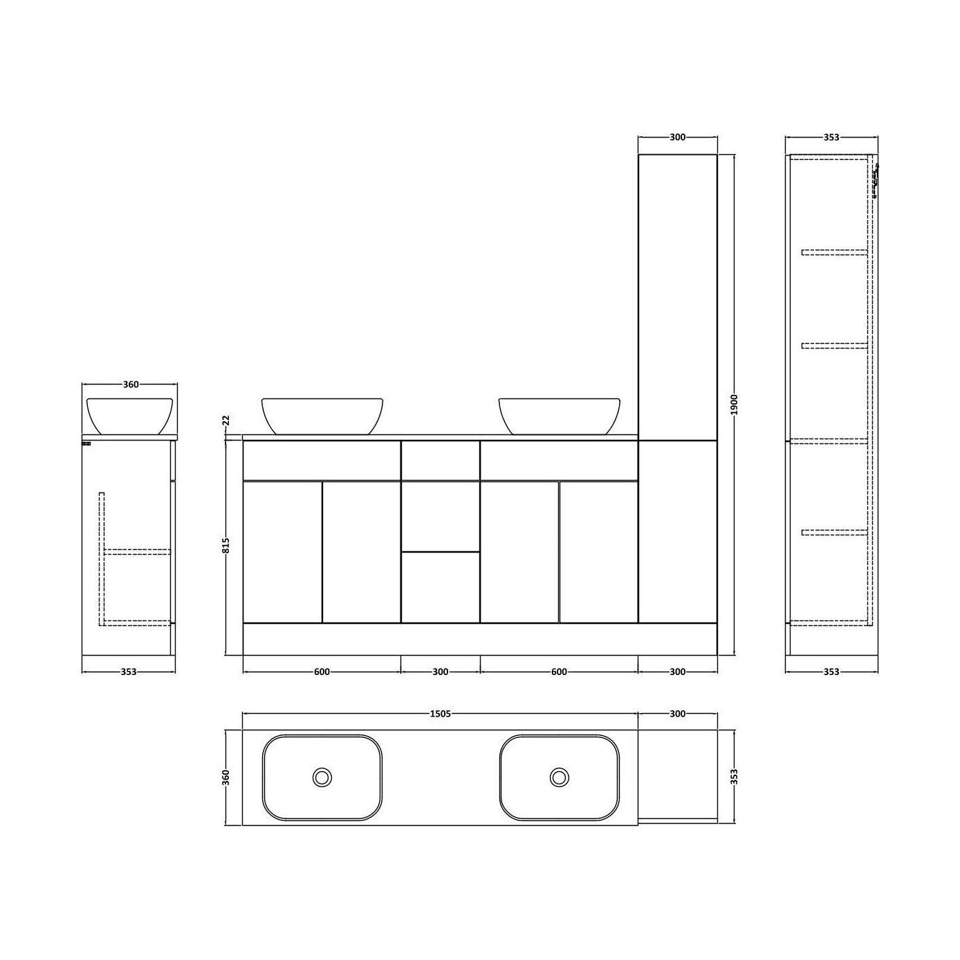 [BFFLR1416] Wichnor Floor Standing 4 Door 3 Drawer Vanity Combination Unit with Tall Unit, Laminate Worktop and Countertop Vessel, 1800mm, Dark Grey - Technical Drawing