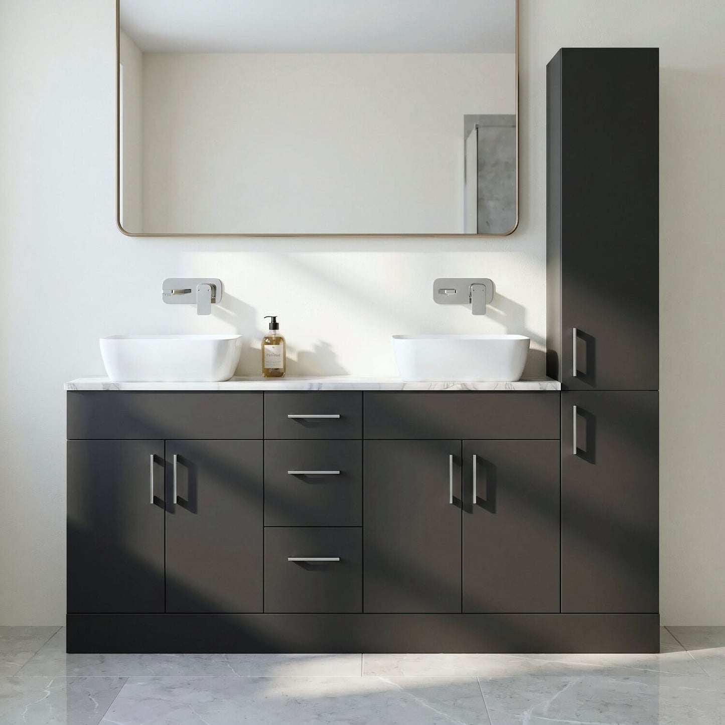 [BFFLR1416] Wichnor Floor Standing 4 Door 3 Drawer Vanity Combination Unit with Tall Unit, Laminate Worktop and Countertop Vessel, 1800mm, Dark Grey - Silo