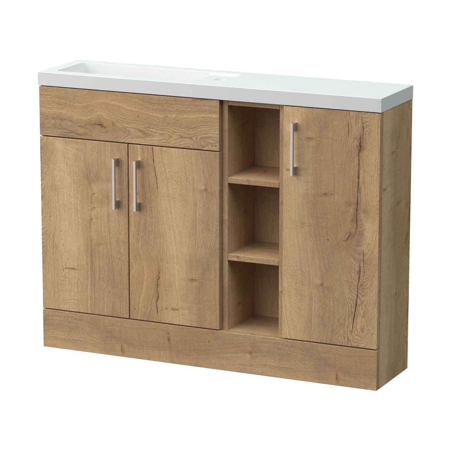[BFFLR1802] Wichnor Contemporary Floor Standing Compact 3 Door Combination Vanity Basin Unit with Open Shelves and Polymarble Basin, 1100mm, Autumn Oak - Cutout