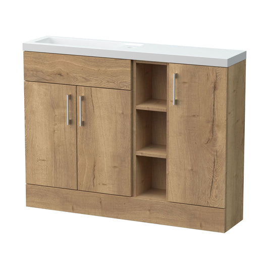 [BFFLR1802] Wichnor Contemporary Floor Standing Compact 3 Door Combination Vanity Basin Unit with Open Shelves and Polymarble Basin, 1100mm, Autumn Oak - Cutout