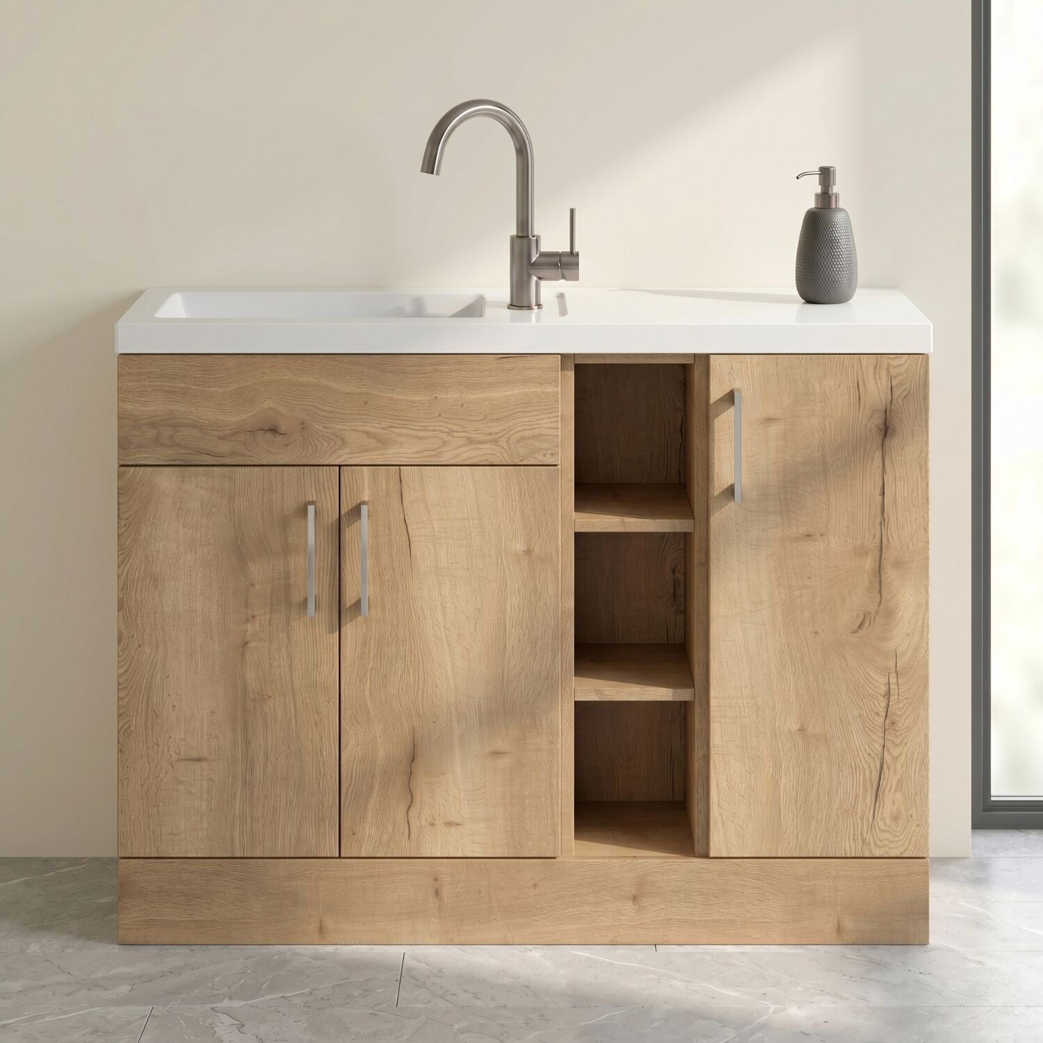 [BFFLR1802] Wichnor Contemporary Floor Standing Compact 3 Door Combination Vanity Basin Unit with Open Shelves and Polymarble Basin, 1100mm, Autumn Oak - Silo