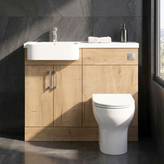 [BFFLR1804L] Wichnor Contemporary Floor Standing Compact 2 Door Combination Vanity Basin WC Unit with Polymarble Basin, 1000mm, Left Hand, Autumn Oak - Silo