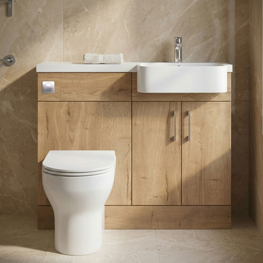 [BFFLR1804R] Wichnor Contemporary Floor Standing Compact 2 Door Combination Vanity Basin WC Unit with Polymarble Basin, 1000mm, Right Hand, Autumn Oak - Silo