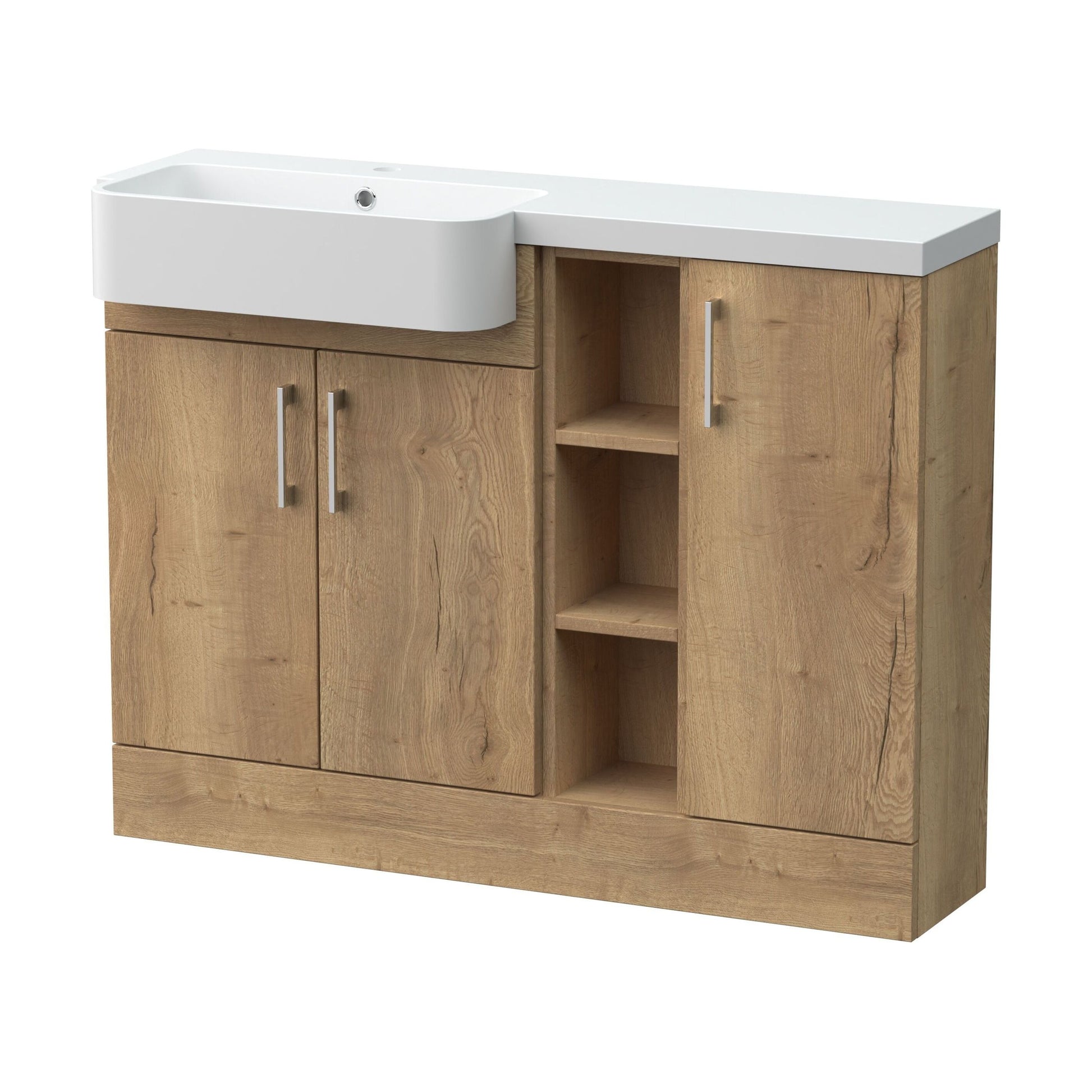 [BFFLR1805L] Wichnor Contemporary Floor Standing Compact 3 Door Combination Vanity Basin Unit with Open Shelves and Polymarble Basin, 1100mm, Left Hand, Autumn Oak - Cutout