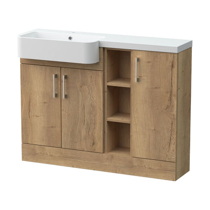[BFFLR1805L] Wichnor Contemporary Floor Standing Compact 3 Door Combination Vanity Basin Unit with Open Shelves and Polymarble Basin, 1100mm, Left Hand, Autumn Oak - Cutout