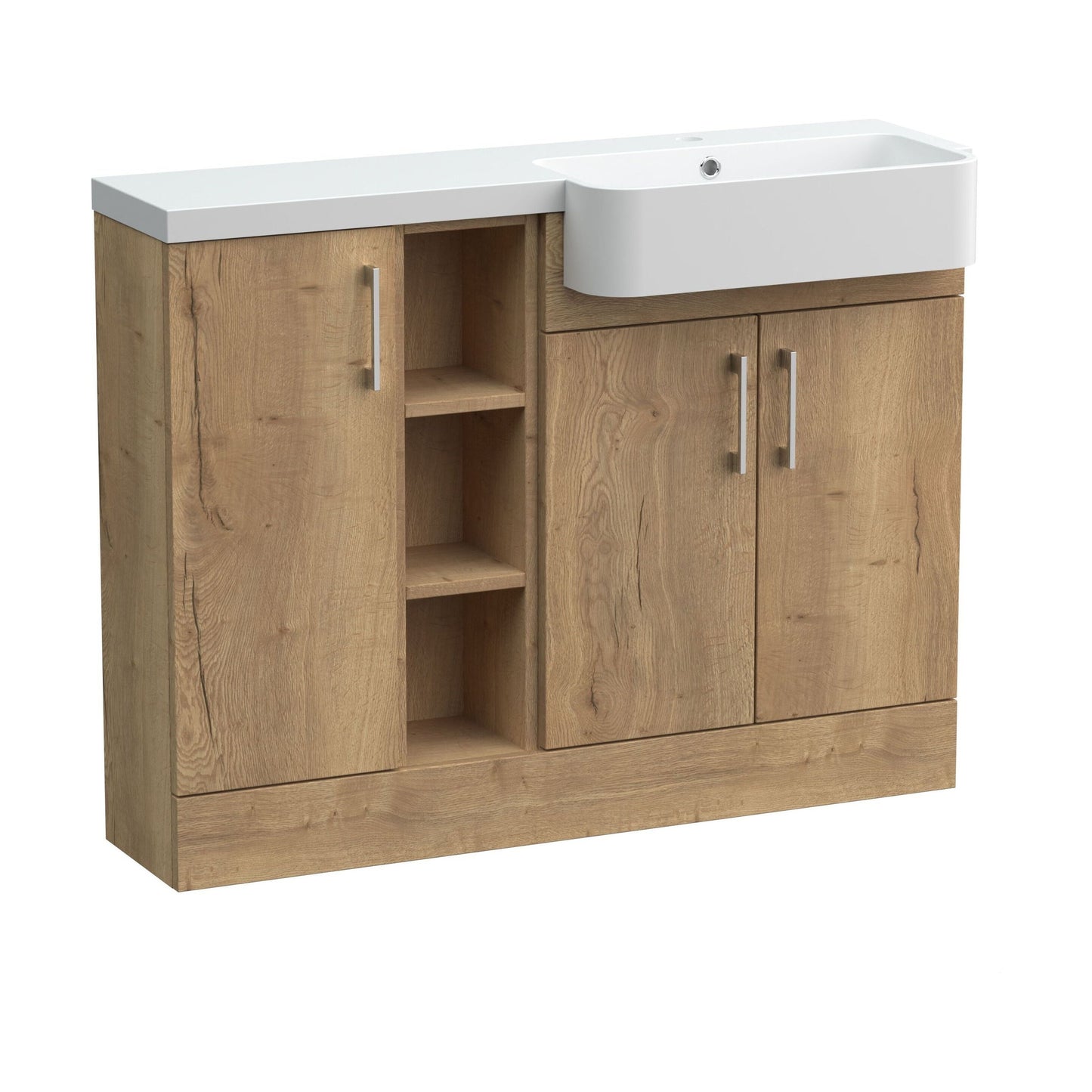 [BFFLR1805R] Wichnor Contemporary Floor Standing Compact 3 Door Combination Vanity Basin Unit with Open Shelves and Polymarble Basin, 1100mm, Right Hand, Autumn Oak - Cutout