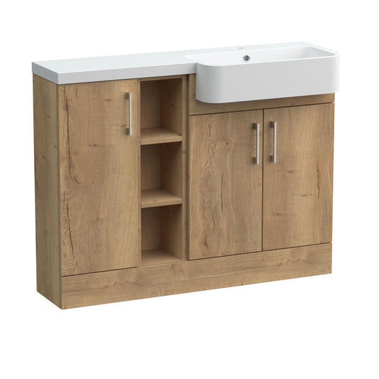 [BFFLR1805R] Wichnor Contemporary Floor Standing Compact 3 Door Combination Vanity Basin Unit with Open Shelves and Polymarble Basin, 1100mm, Right Hand, Autumn Oak - Cutout