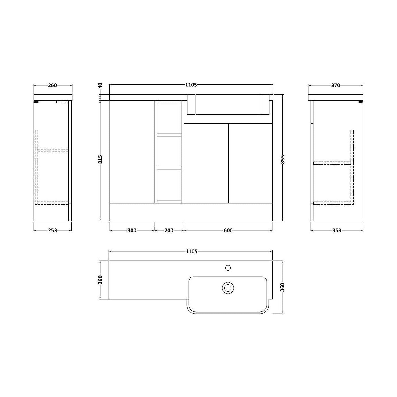 [BFFLR1805R] Wichnor Contemporary Floor Standing Compact 3 Door Combination Vanity Basin Unit with Open Shelves and Polymarble Basin, 1100mm, Right Hand, Autumn Oak - Technical Drawing