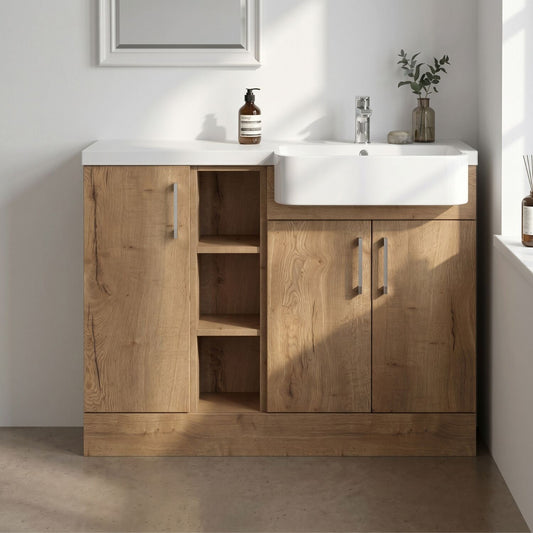 [BFFLR1805R] Wichnor Contemporary Floor Standing Compact 3 Door Combination Vanity Basin Unit with Open Shelves and Polymarble Basin, 1100mm, Right Hand, Autumn Oak - Silo