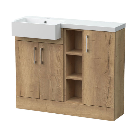 [BFFLR1806L] Wichnor Contemporary Floor Standing Compact 3 Door Combination Vanity Basin Unit with Open Shelves and Polymarble Basin, 1000mm, Left Hand, Autumn Oak - Cutout