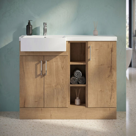 [BFFLR1806L] Wichnor Contemporary Floor Standing Compact 3 Door Combination Vanity Basin Unit with Open Shelves and Polymarble Basin, 1000mm, Left Hand, Autumn Oak - Silo