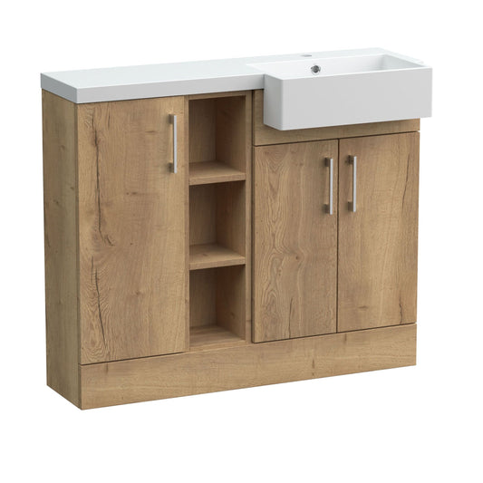 [BFFLR1806R] Wichnor Contemporary Floor Standing Compact 3 Door Combination Vanity Basin Unit with Open Shelves and Polymarble Basin, 1000mm, Right Hand, Autumn Oak - Cutout