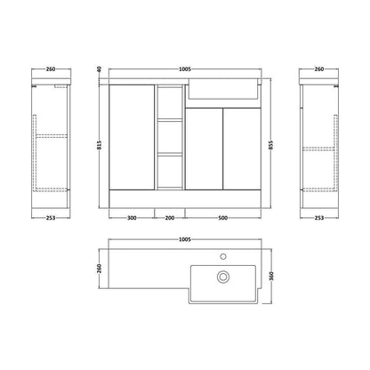 [BFFLR1806R] Wichnor Contemporary Floor Standing Compact 3 Door Combination Vanity Basin Unit with Open Shelves and Polymarble Basin, 1000mm, Right Hand, Autumn Oak - Technical Drawing
