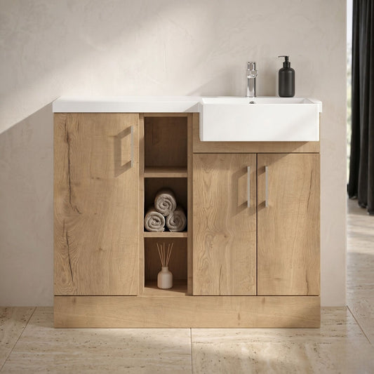 [BFFLR1806R] Wichnor Contemporary Floor Standing Compact 3 Door Combination Vanity Basin Unit with Open Shelves and Polymarble Basin, 1000mm, Right Hand, Autumn Oak - Silo