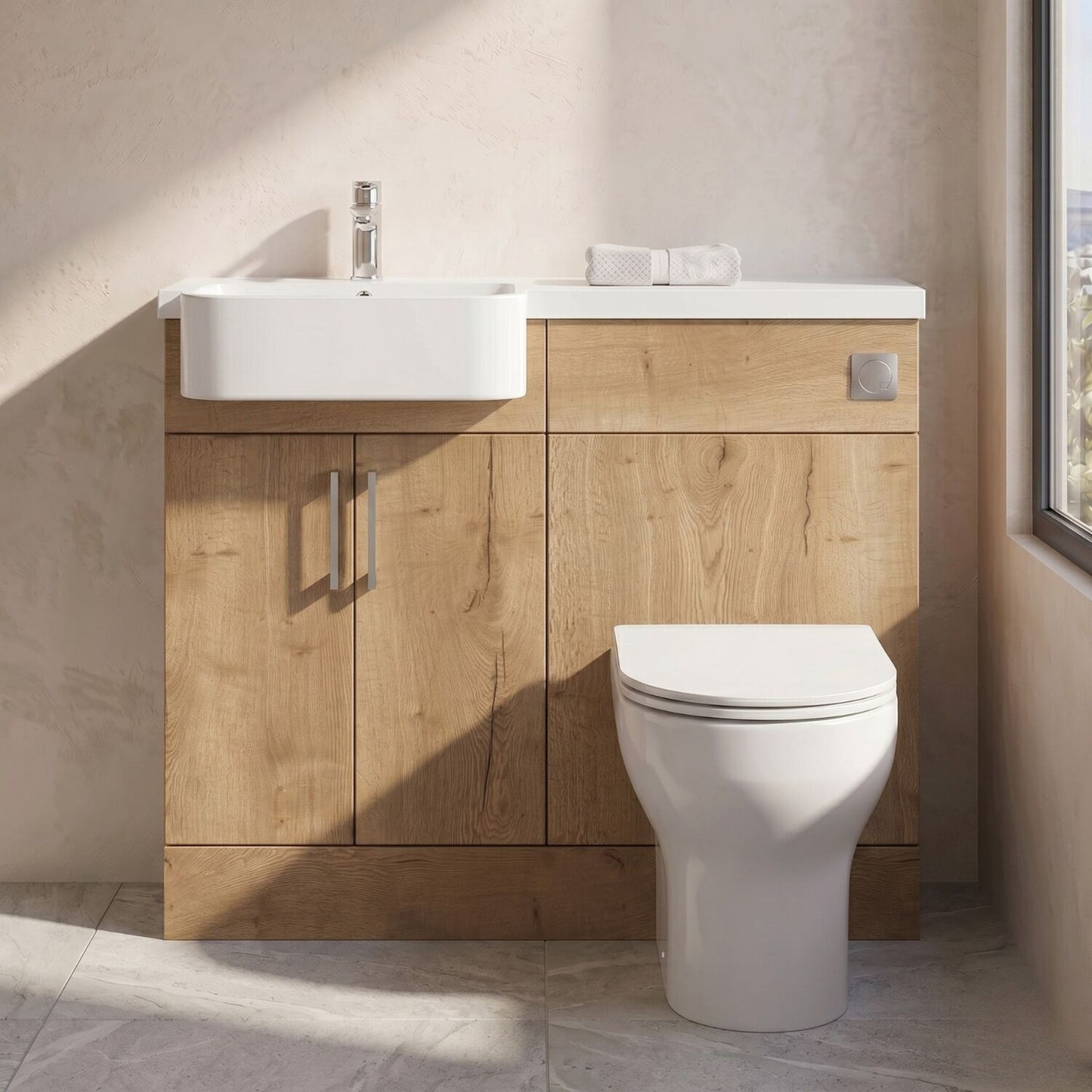 [BFFLR1807L] Wichnor Contemporary Floor Standing Compact 2 Door Vanity Basin WC Unit with Polymarble Basin, 1100mm, Left Hand, Autumn Oak - Silo