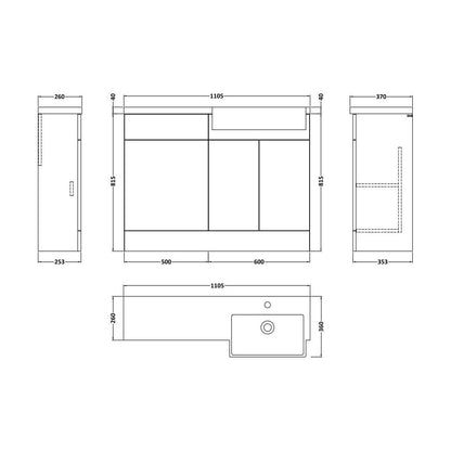 [BFFLR1807R] Wichnor Contemporary Floor Standing Compact 2 Door Vanity Basin WC Unit with Polymarble Basin, 1100mm, Right Hand, Autumn Oak - Technical Drawing