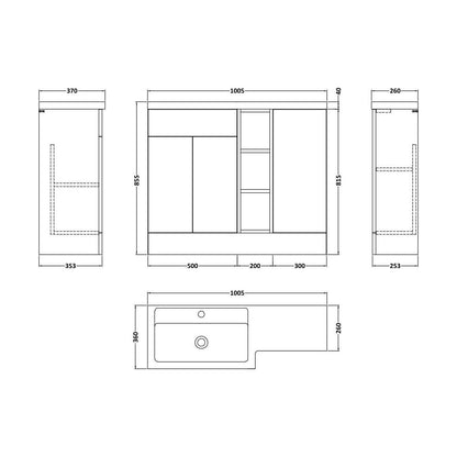 [BFFLR1808L] Wichnor Contemporary Floor Standing 3 Door Vanity Basin WC Unit with Polymarble Basin, 1000mm, Left Hand, Autumn Oak - Technical Drawing