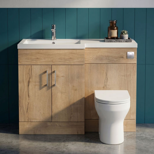 [BFFLR1809L] Wichnor Contemporary Floor Standing 2 Door Vanity Basin WC Unit with Polymarble Basin, 1100mm, Left Hand, Autumn Oak - Silo