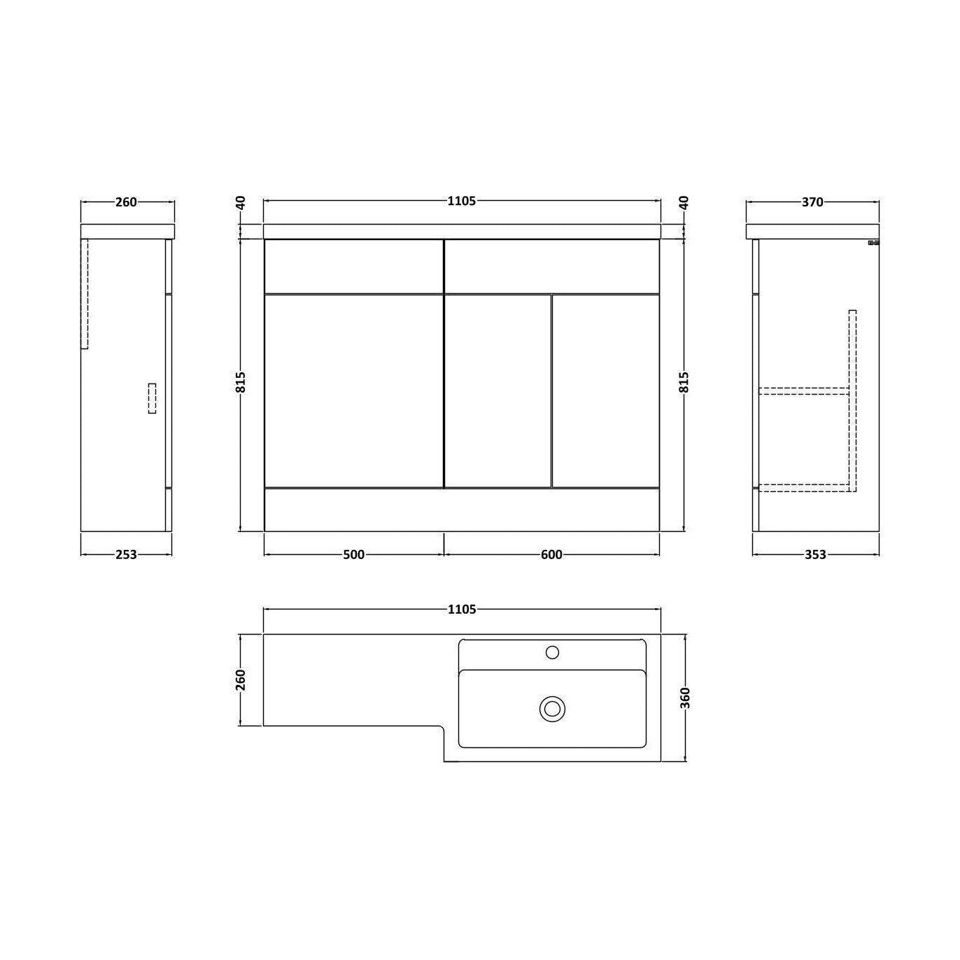 [BFFLR1809R] Wichnor Contemporary Floor Standing 2 Door Vanity Basin WC Unit with Polymarble Basin, 1100mm, Right Hand, Autumn Oak - Technical Drawing