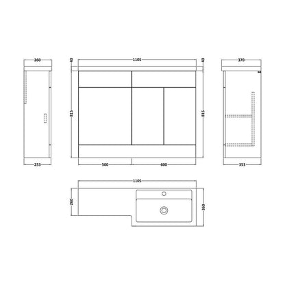 [BFFLR1809R] Wichnor Contemporary Floor Standing 2 Door Vanity Basin WC Unit with Polymarble Basin, 1100mm, Right Hand, Autumn Oak - Technical Drawing