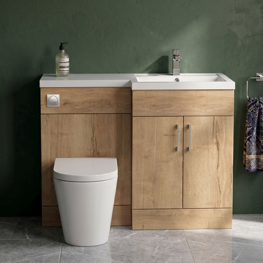 [BFFLR1809R] Wichnor Contemporary Floor Standing 2 Door Vanity Basin WC Unit with Polymarble Basin, 1100mm, Right Hand, Autumn Oak - Silo