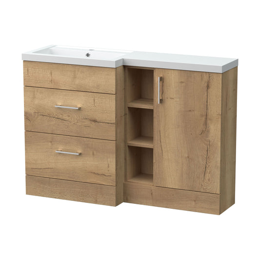 [BFFLR1810L] Wichnor Contemporary Floor Standing 1 Door, 2 Drawer Vanity Basin Unit with Open Shelf and Polymarble Basin, 1200mm, Left Hand, Autumn Oak - Cutout