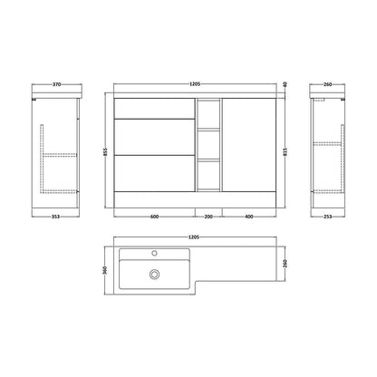 [BFFLR1810L] Wichnor Contemporary Floor Standing 1 Door, 2 Drawer Vanity Basin Unit with Open Shelf and Polymarble Basin, 1200mm, Left Hand, Autumn Oak - Technical Drawing