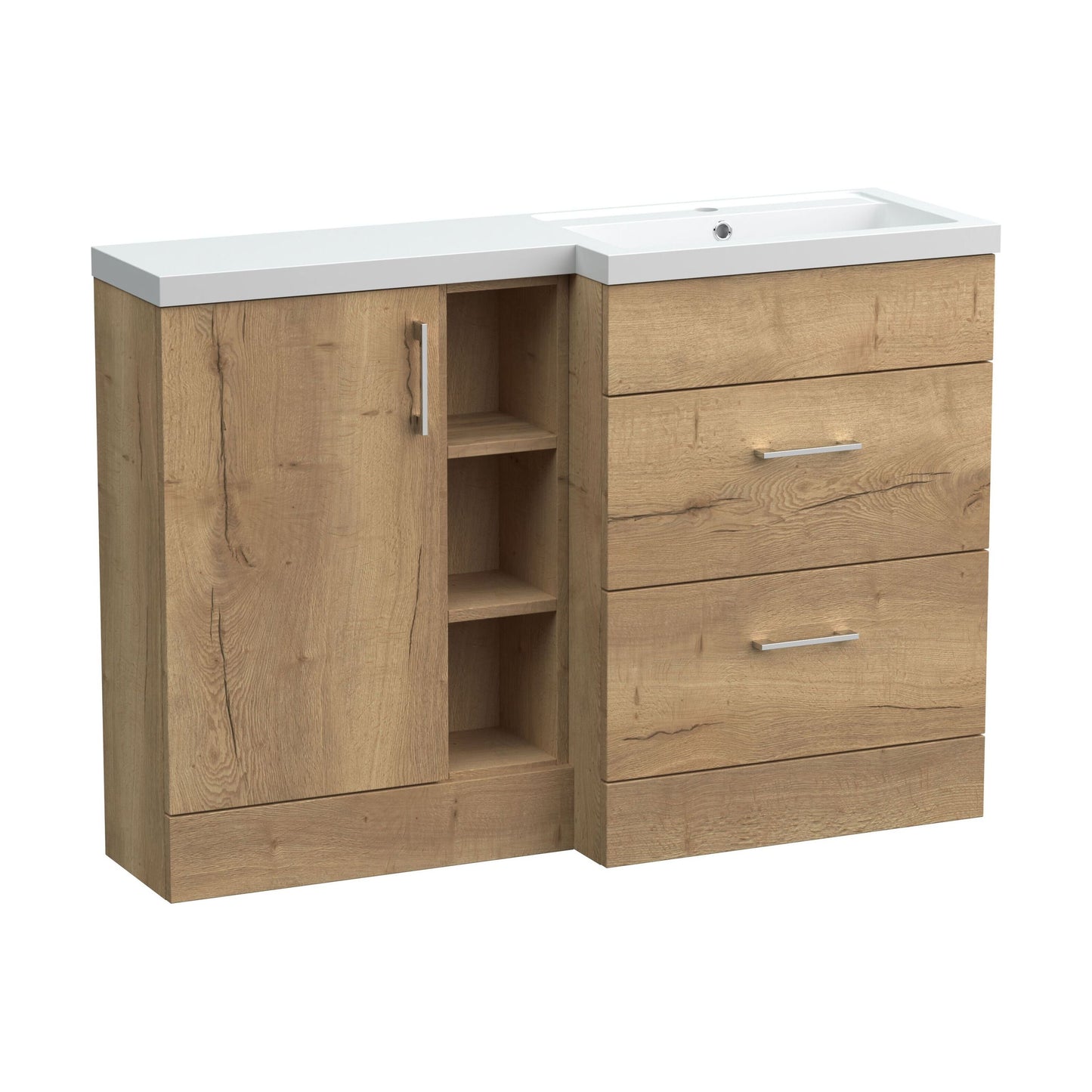 [BFFLR1810R] Wichnor Contemporary Floor Standing 1 Door, 2 Drawer Vanity Basin Unit with Open Shelf and Polymarble Basin, 1200mm, Right Hand, Autumn Oak - Cutout