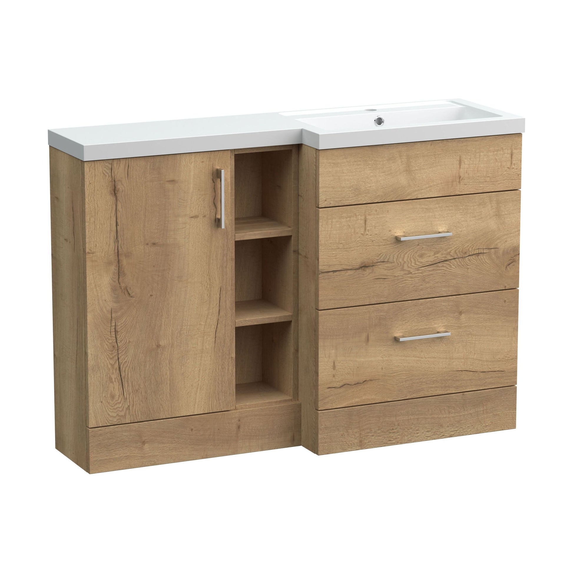 [BFFLR1810R] Wichnor Contemporary Floor Standing 1 Door, 2 Drawer Vanity Basin Unit with Open Shelf and Polymarble Basin, 1200mm, Right Hand, Autumn Oak - Cutout