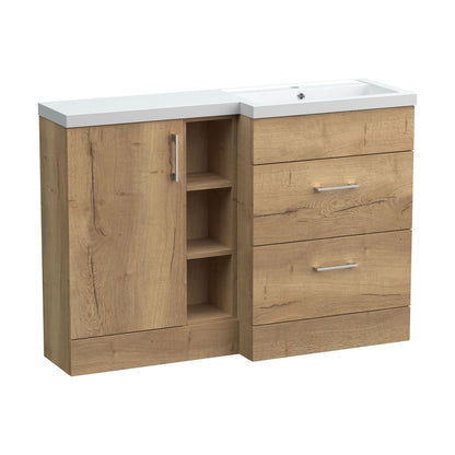 [BFFLR1810R] Wichnor Contemporary Floor Standing 1 Door, 2 Drawer Vanity Basin Unit with Open Shelf and Polymarble Basin, 1200mm, Right Hand, Autumn Oak - Cutout