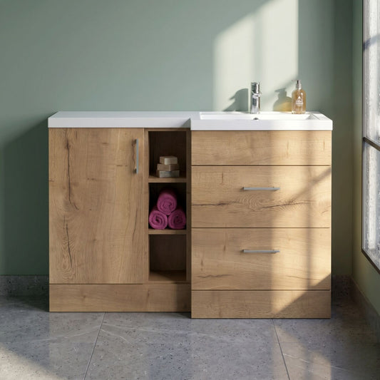 [BFFLR1810R] Wichnor Contemporary Floor Standing 1 Door, 2 Drawer Vanity Basin Unit with Open Shelf and Polymarble Basin, 1200mm, Right Hand, Autumn Oak - Silo