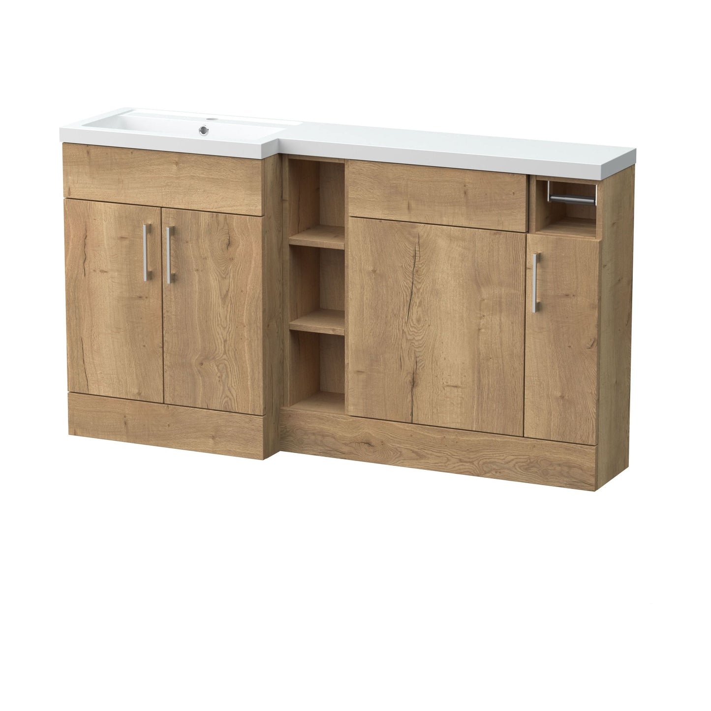 [BFFLR1811L] Wichnor Floor Standing 3 Door, Open Shelf Vanity Basin WC Unit with Toilet Roll Holder and Polymarble Basin, 1500mm, Left Hand, Autumn Oak - Cutout