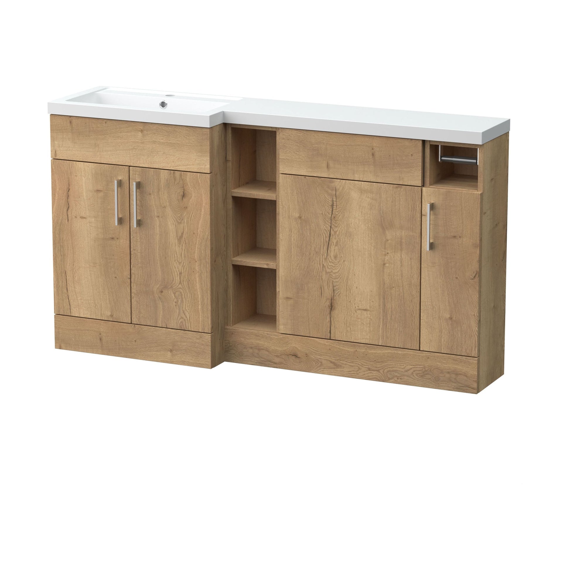 [BFFLR1811L] Wichnor Floor Standing 3 Door, Open Shelf Vanity Basin WC Unit with Toilet Roll Holder and Polymarble Basin, 1500mm, Left Hand, Autumn Oak - Cutout