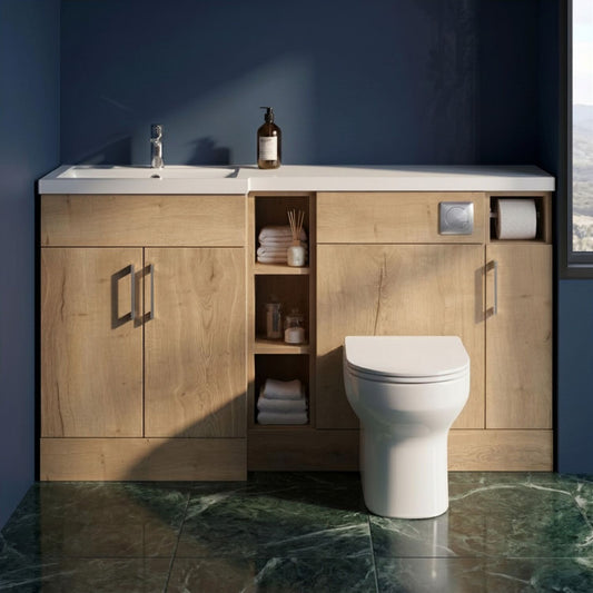 [BFFLR1811L] Wichnor Floor Standing 3 Door, Open Shelf Vanity Basin WC Unit with Toilet Roll Holder and Polymarble Basin, 1500mm, Left Hand, Autumn Oak - Silo